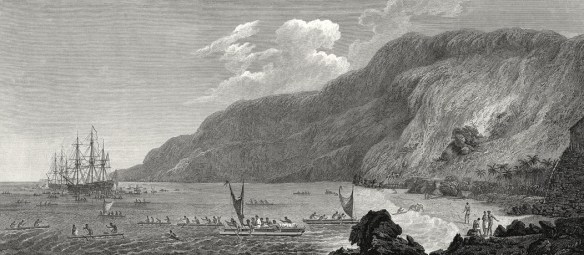 Cook’s ships arriving in Kealakekua Bay, Jan. 17, 1779. John Webber. “A View of Karakakooa.” 1785. The British Museum.